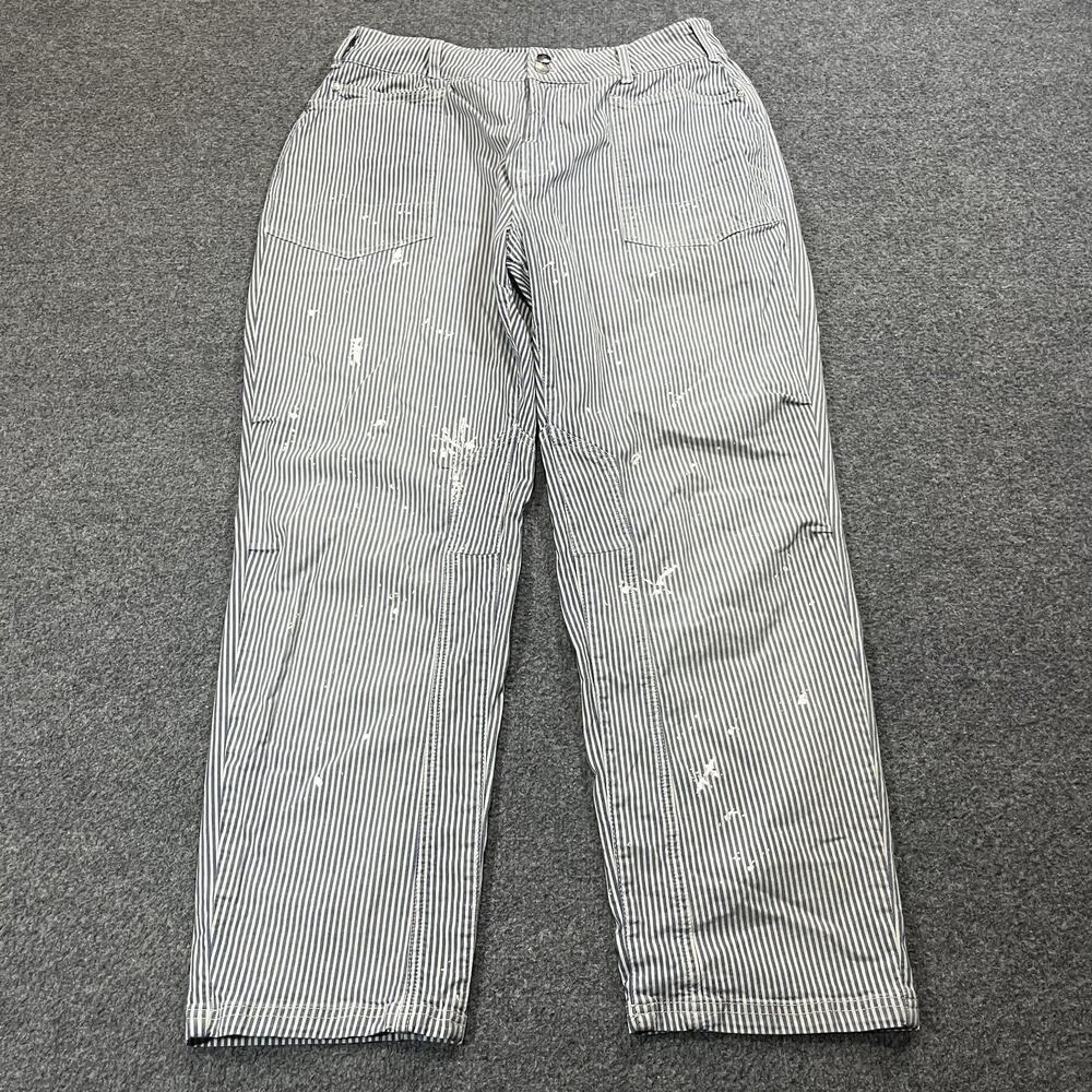 Pilcro Pants Womens 33 Blue Striped Tapered Leg Boho Distressed Paint Flat Front